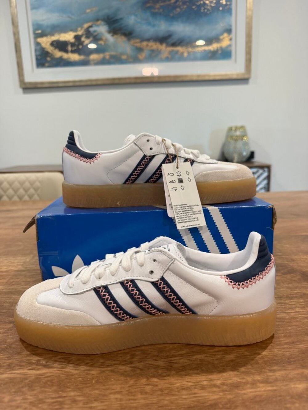 Adidas Sambae J in White and Blue Stripes Size 7Y/8.5W BNIB